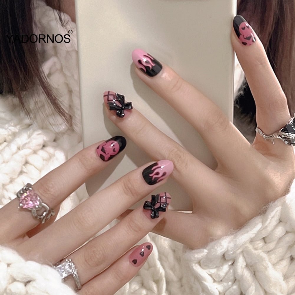 Designer Nail Tips 24pcs Black Flame Midi Pointed Head Korea Style Finished Nails Piece Finished Nails Piece With Jelly Glue Ty