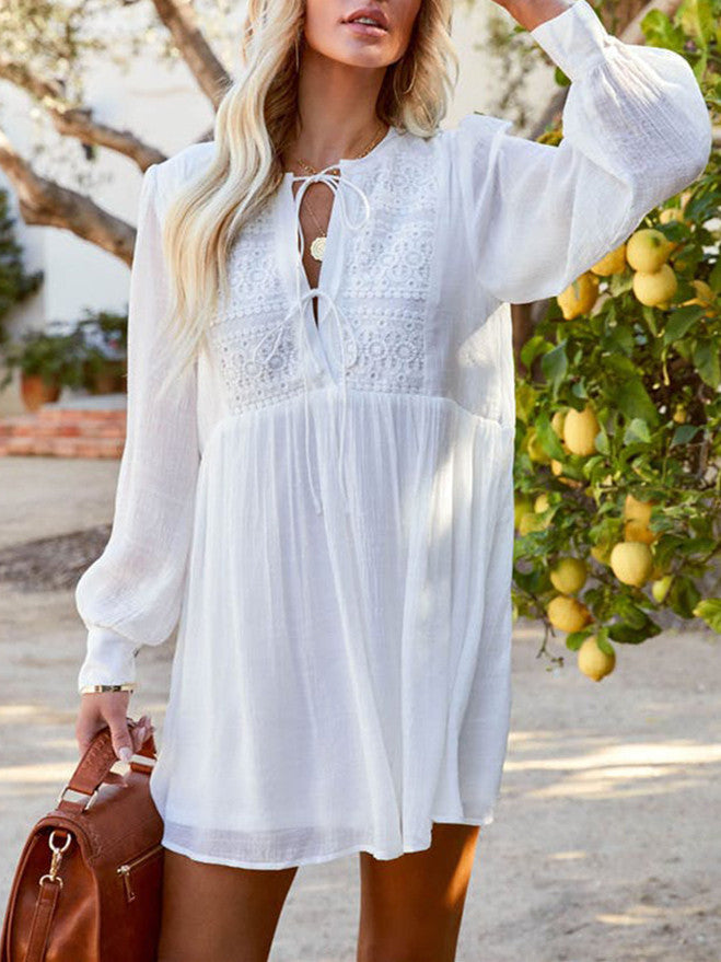 Women Long Sleeve V-neck Stitching Lace-up Mini Dress