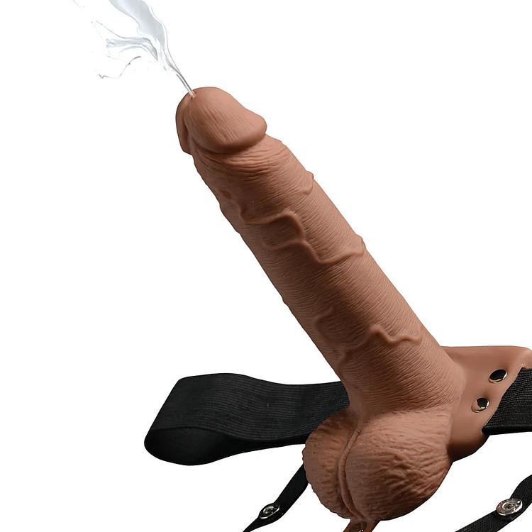 Fetish Fantasy Hollow Squirting Dildo (7.5 Inch) w/Balls & Strap-on Harness - Caramel