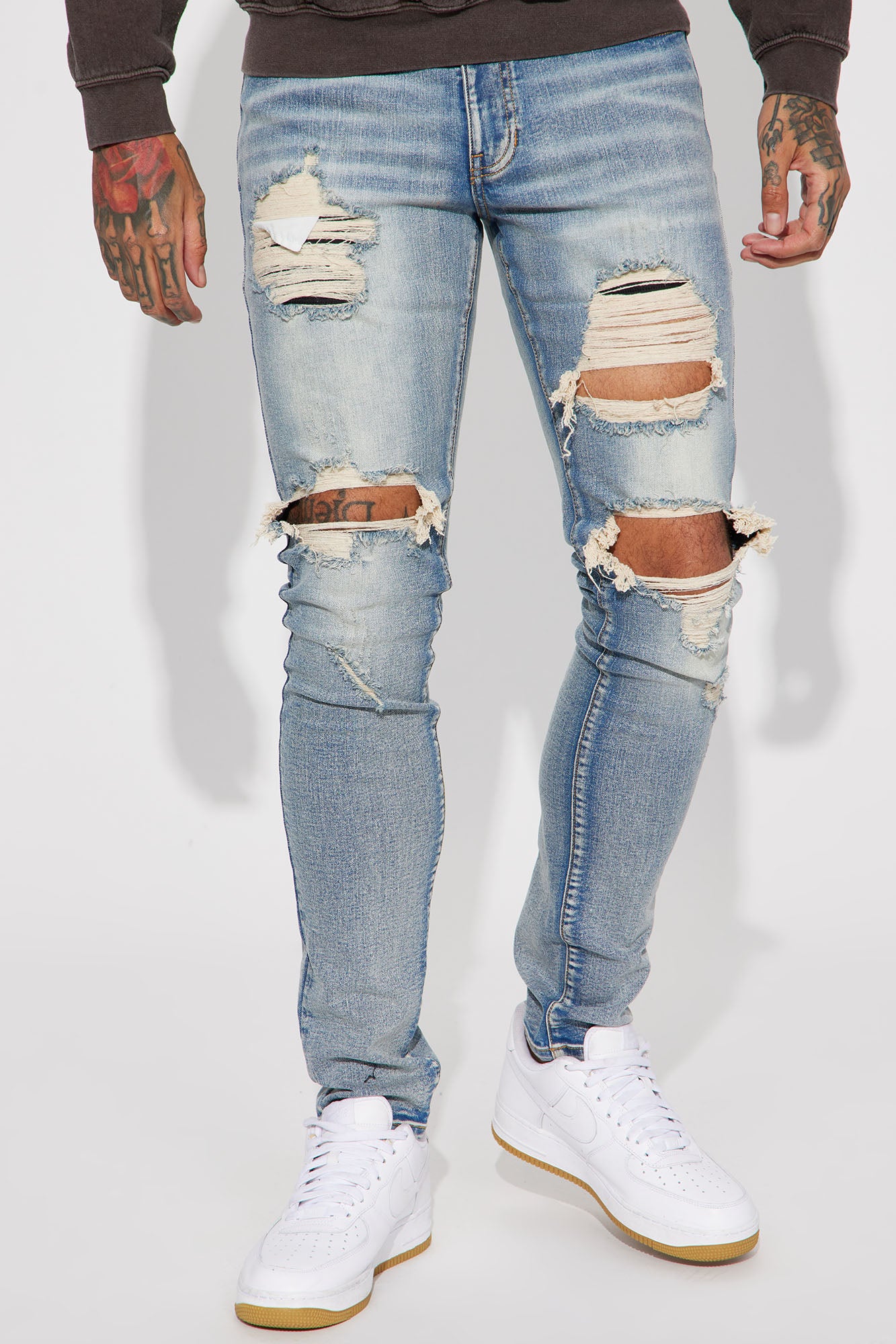 Zander Destruct Stacked Skinny Jeans - Medium Wash