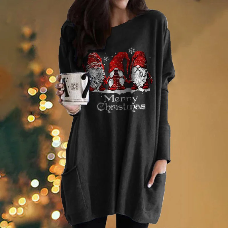 Santa Print Long Sleeve Round Neck T-Shirt Dress