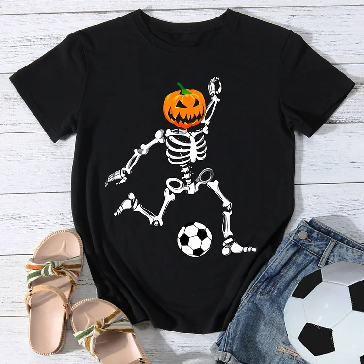 Pumpkin Skull Soccer Round Neck T-shirt-Annaletters