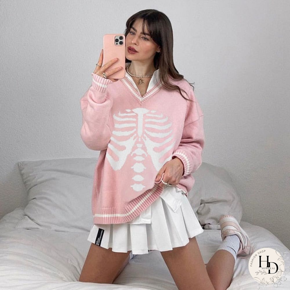 Weekeep Y2K Chic Print Streetwear Oversized Sweater Women's Casual Autumn Winter Knitted Jumper Fashion Loose Knitwear Pullovers