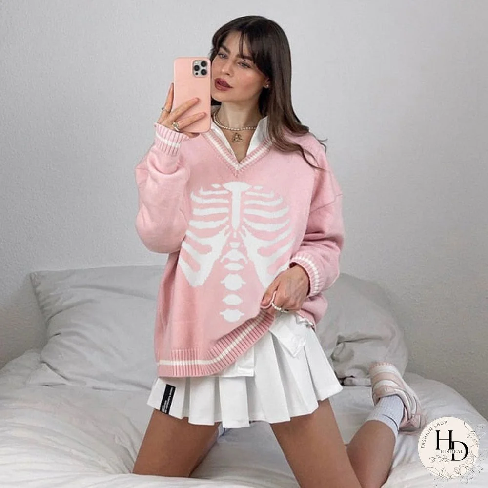 Weekeep Y2K Chic Print Streetwear Oversized Sweater Women's Casual Autumn Winter Knitted Jumper Fashion Loose Knitwear Pullovers