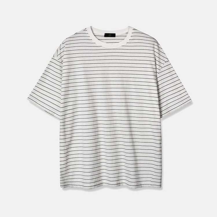 Men's black and white short sleeve Pinstripe off shoulder edging T-shirt