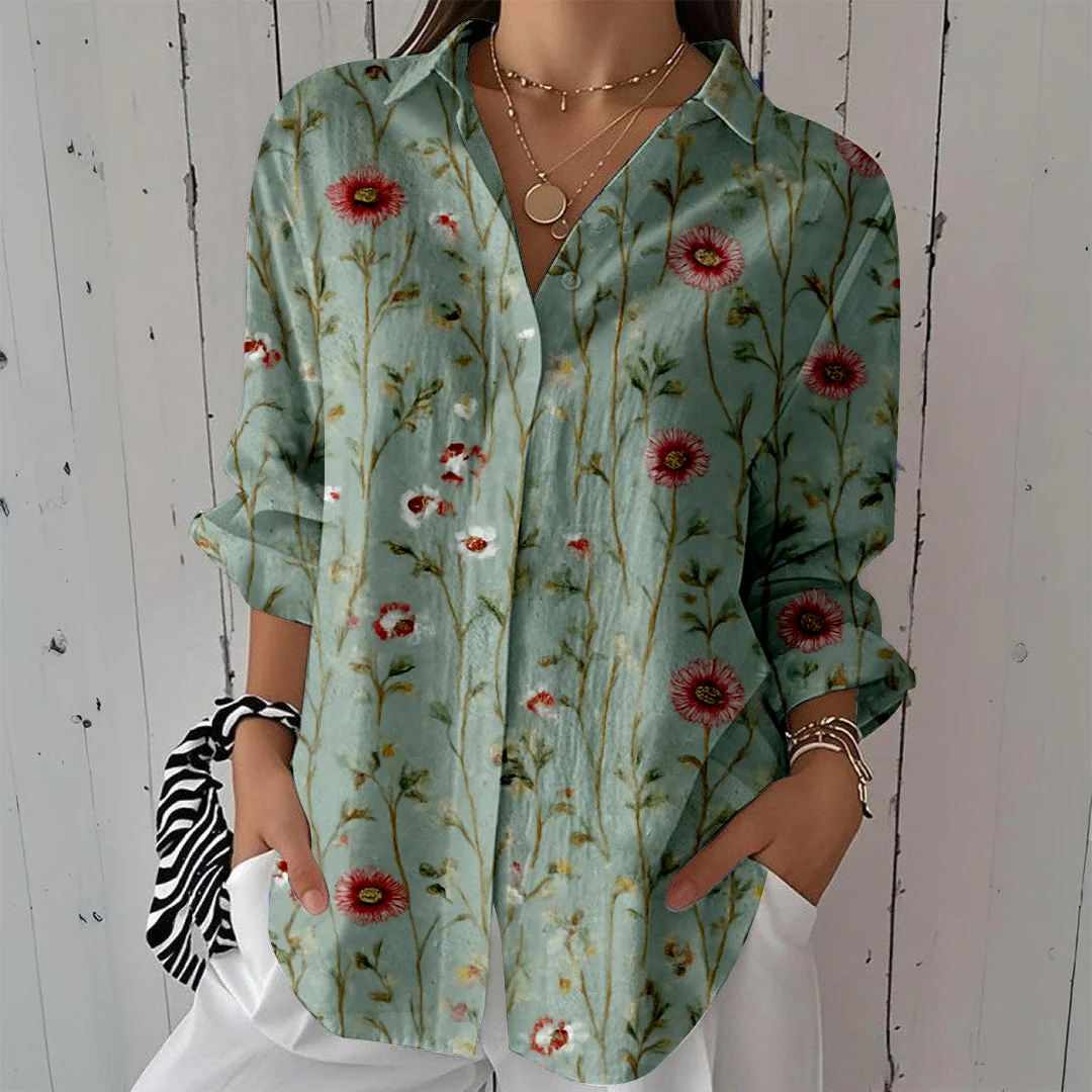 Style & Comfort for Mature Women Women Floral, Green DZCL0038 3/4 Sleeve Shirt Collar Printed Button Tops