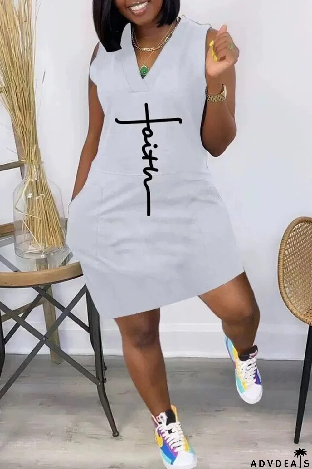 Yellow Fashion Casual Print Split Joint V Neck Sleeveless Dress