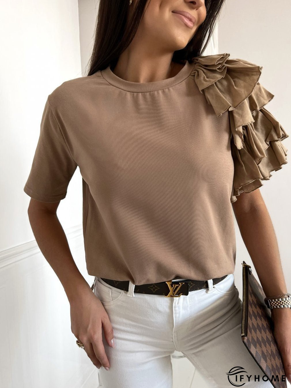 Women's T-Shirts Solid Simple Ruffle Short Sleeve T-Shirt | IFYHOME