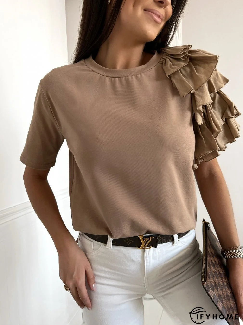Women's T-Shirts Solid Simple Ruffle Short Sleeve T-Shirt | IFYHOME