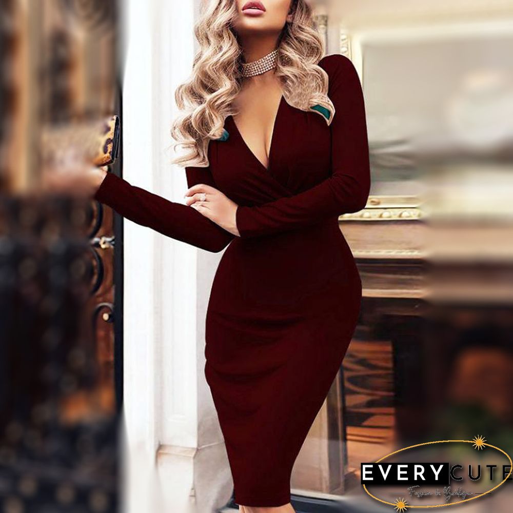 Fashion Deep V Neck Pleated Long Sleeve Dress
