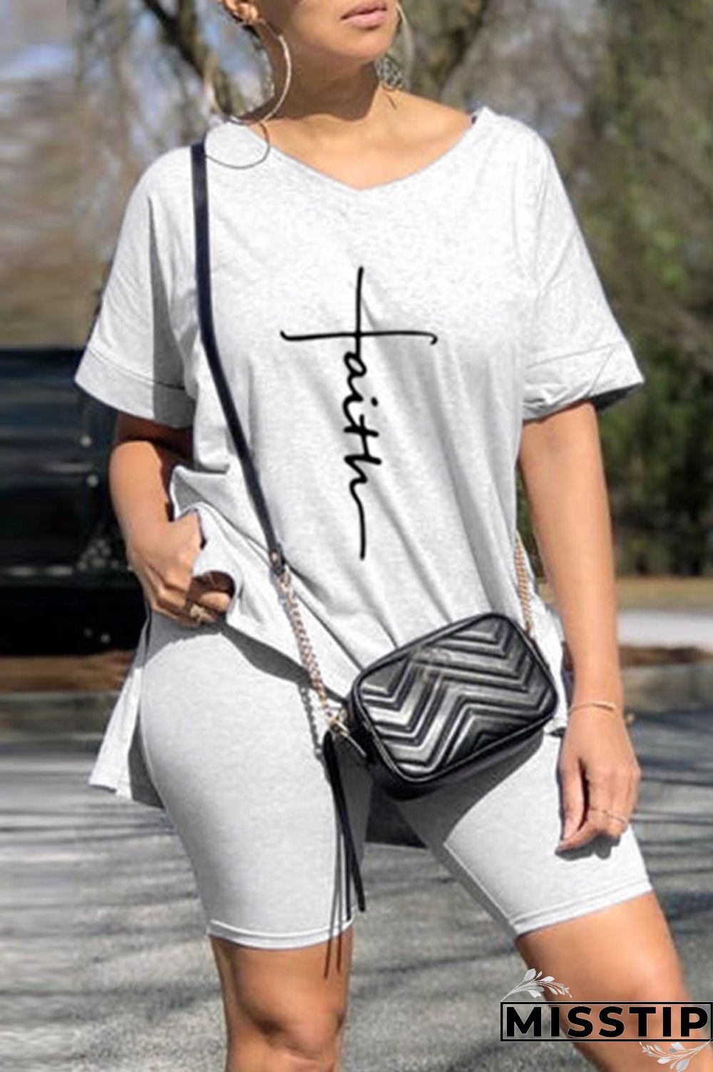 Light Gray Casual Print Slit V Neck Short Sleeve Two Pieces