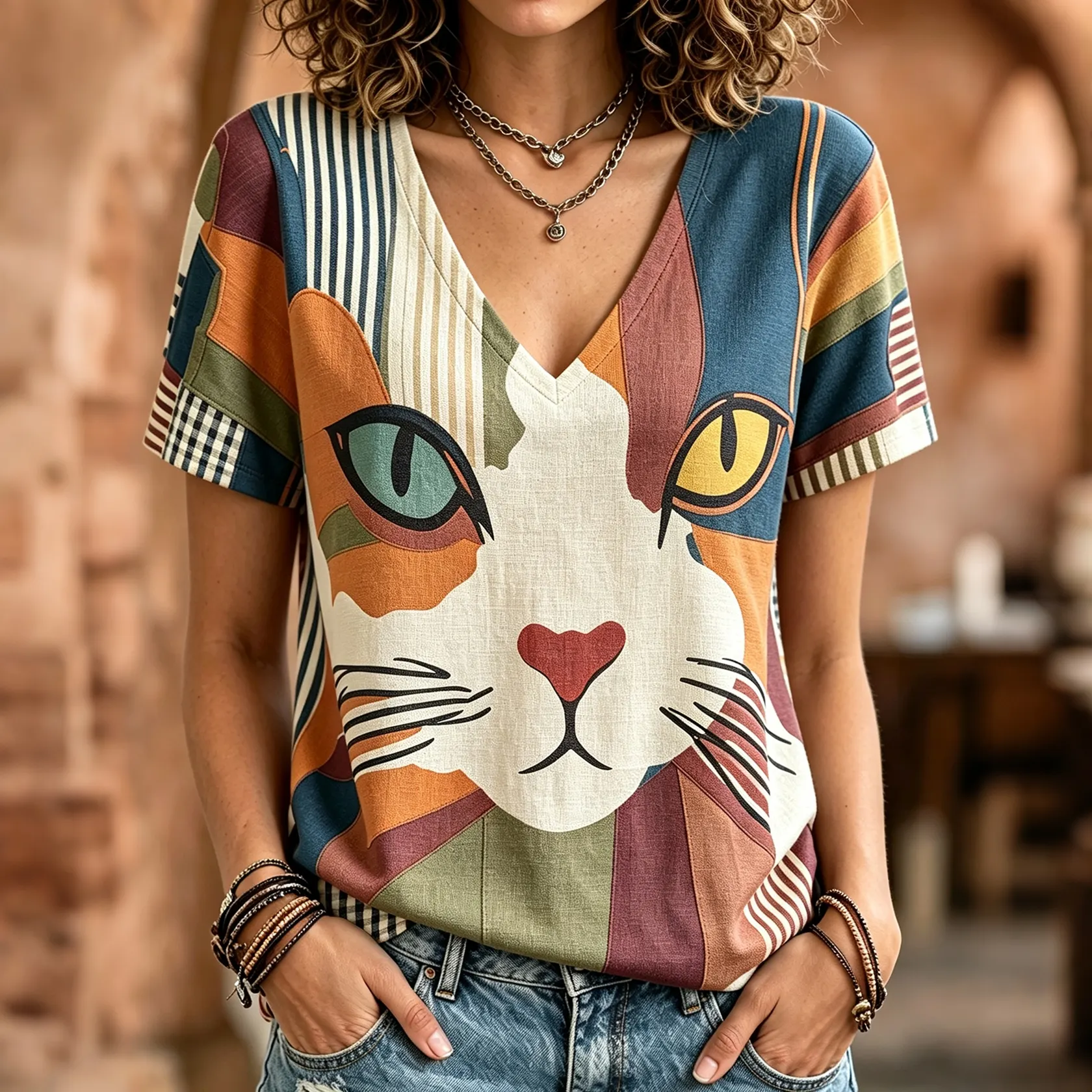 Comstylish Women's Vintage Hippie Cat Art Print V Neck Linen Blend Short Sleeve Tops