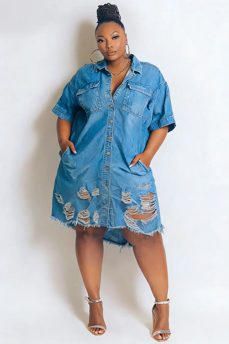Xpluswear Design Plus Size Daily Blue Shirt Collar Short Sleeve Distressed Pocket Denim Mini Dresses [Pre-Order] 2024 - Xpluswear