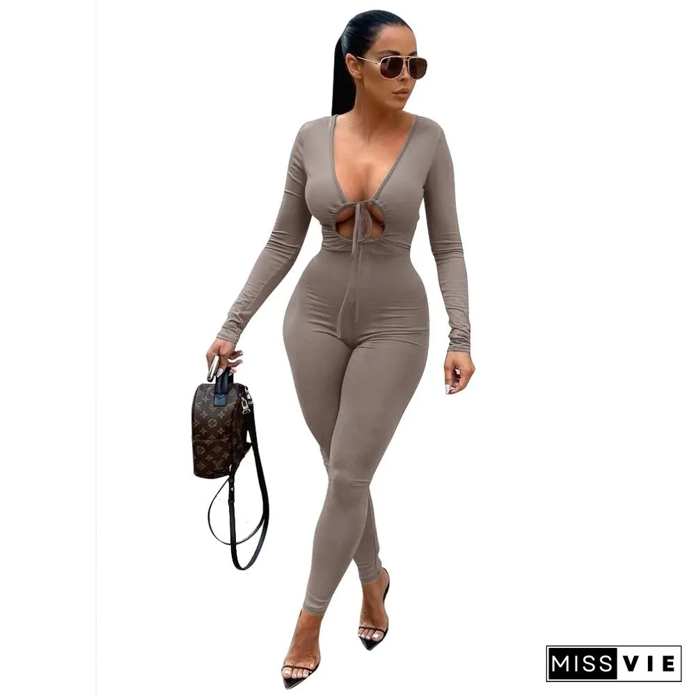 Lace Up Cut Out Long Sleeve Bodycon jumpsuit