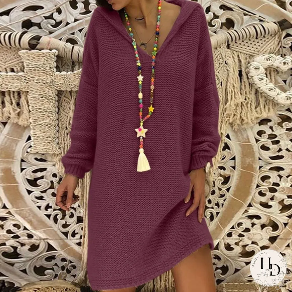 5 Color Autumn New Women Fashion Casual Style Long Sleeve Knitted Sweater Solid Color Knitted Dress Long Hooded Pullovers Sweater Plus Size