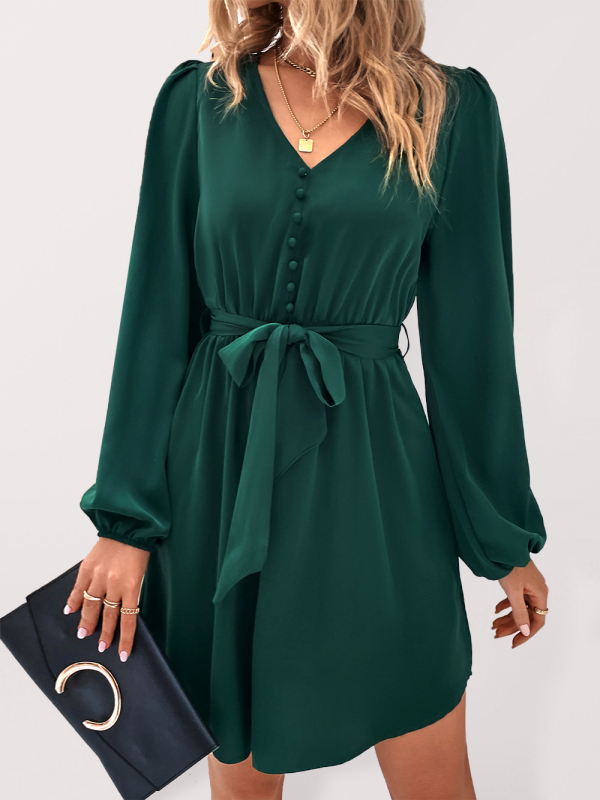 Mature Women Casual Summer Woven V-Neck Long Sleeve Dress