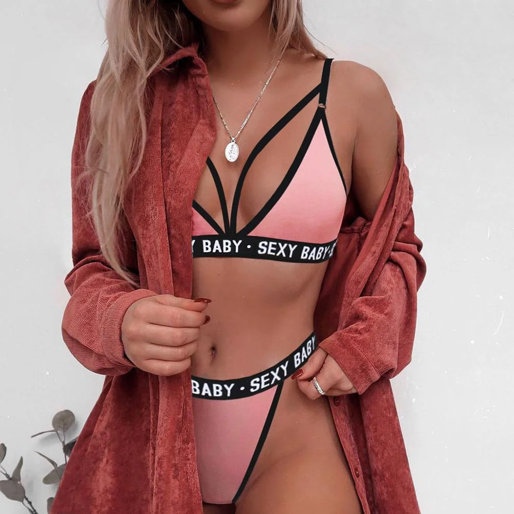 Summer Sexy Fashion Letter Solid Patchwork  Underwear Women Set Women Lingerie Underwear G-String Set Lingerie Femme Lingerie