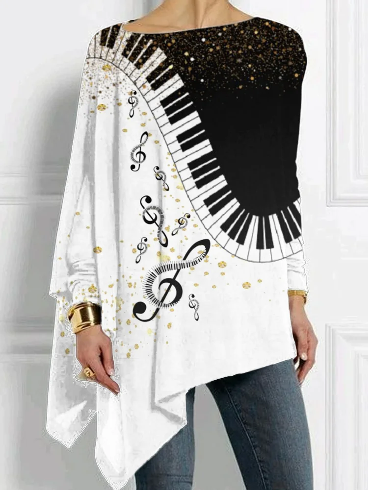 Piano Music Notes Gold Powder Art Bat Sleeve T Shirt