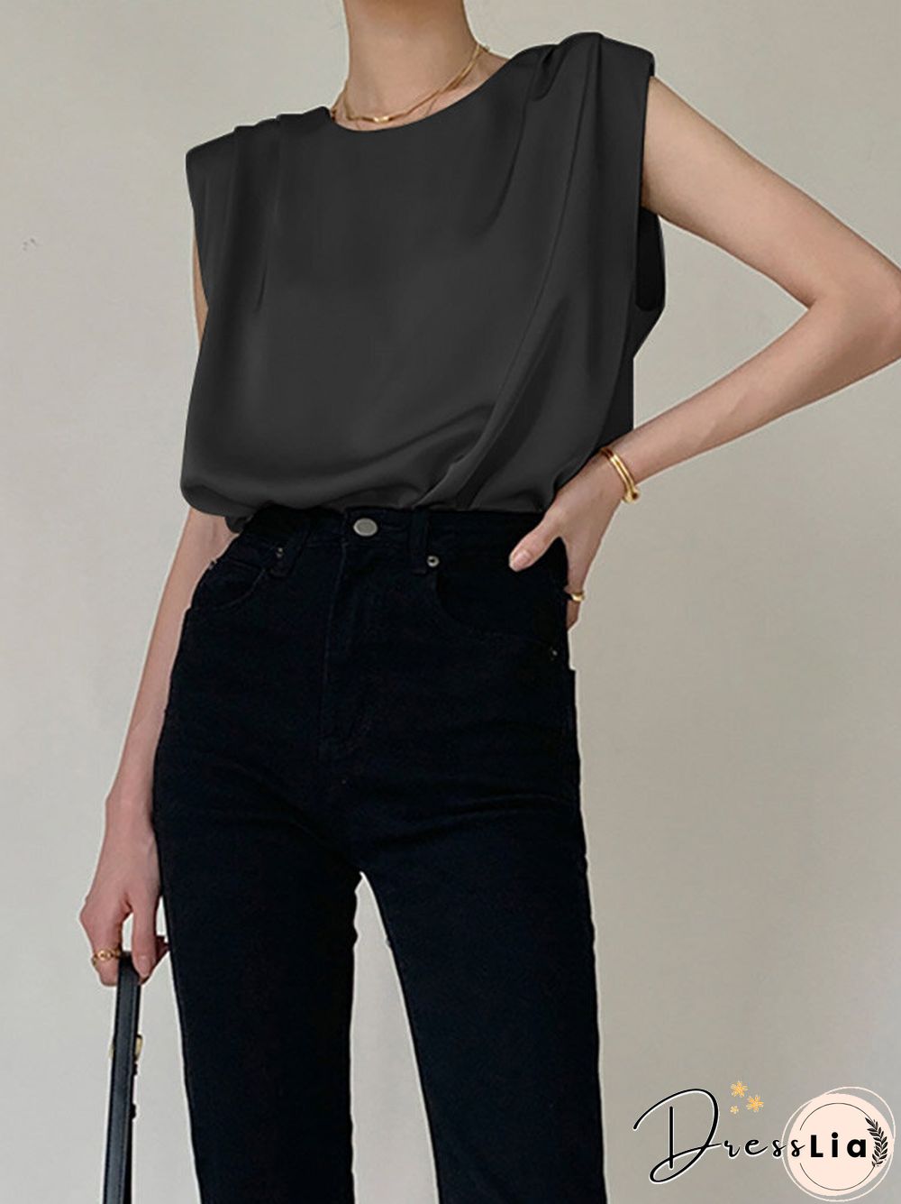 Solid Pleated Sleeveless Crew Neck Keyhole Back Tank Top