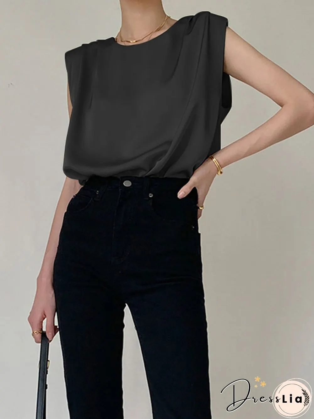 Solid Pleated Sleeveless Crew Neck Keyhole Back Tank Top