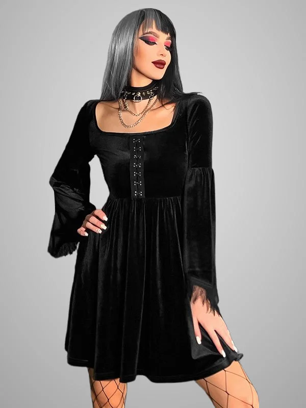 Gothic Style Velvet Lace Paneled Knots Decorated Long Bell Sleeve Dress