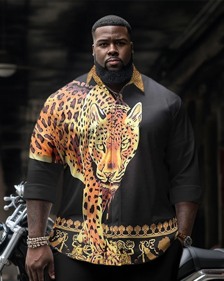 Men's Plus Size Ethnic Leopard Print Long Sleeve Shirt Two-Piece Set