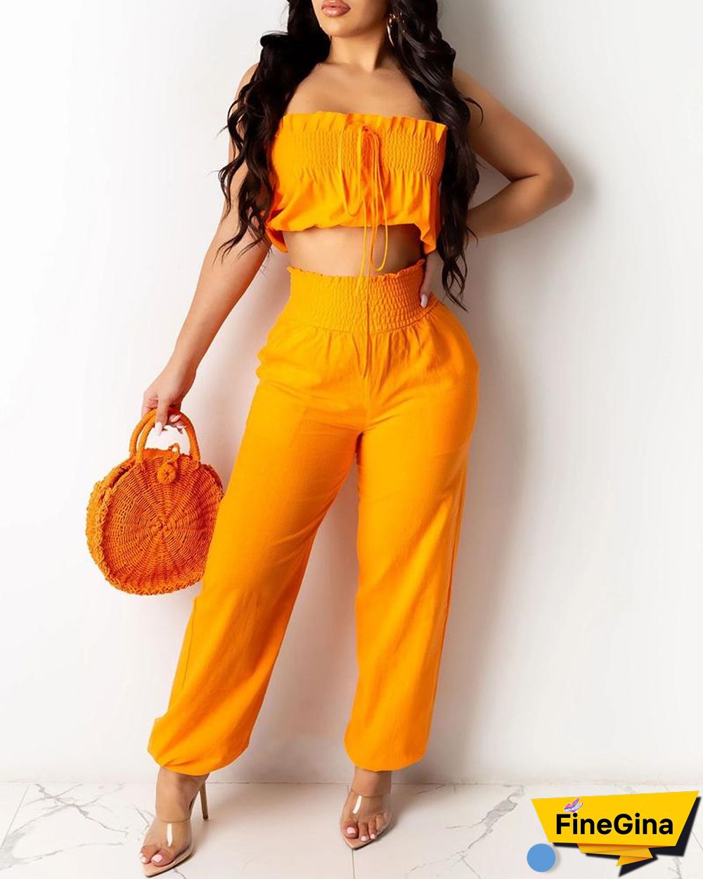 Bandeau Shirring Detail Frill Hem Crop Top & Pants Set