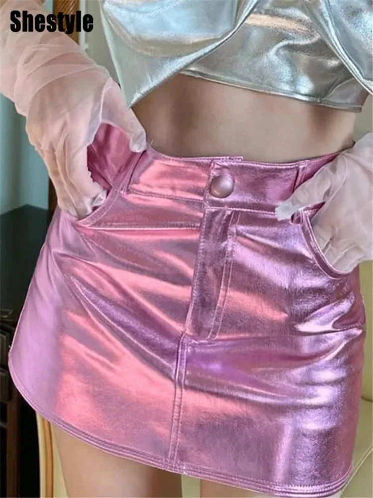 Huiketi Zipper Fly Pockets A-Line Skirt Women Pink Preppy Style Y2K High Waist Mini Hot Girl Silver Party Bottom 2024 New