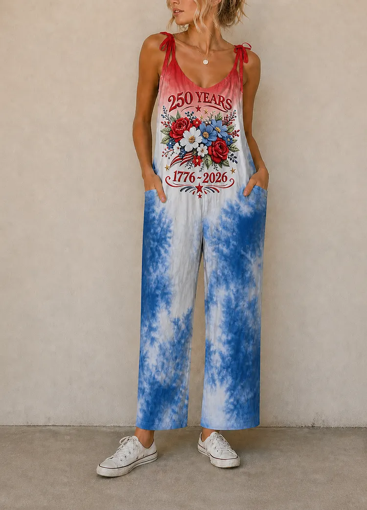 Women&rsquo;s Vintage Patriotic Print Suspender Jumpsuit