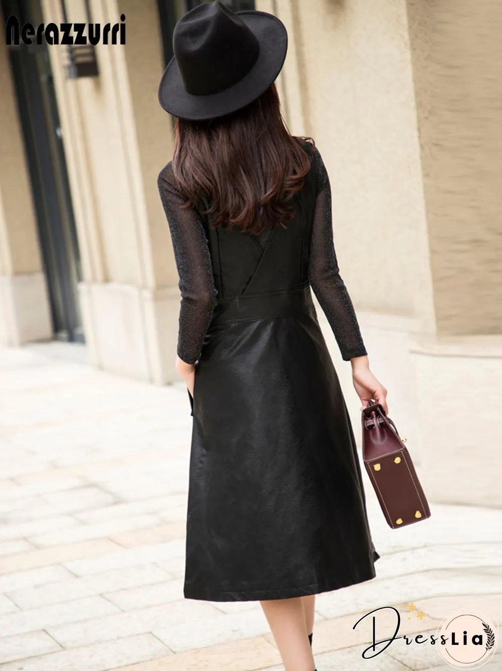 Summer Long Black Leather Dress Womens Strap Midi Faux For Womens Elegant Korean Fashion