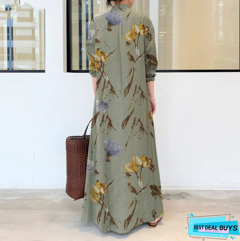 Cotton Linen Decor Lapel Long Sleeve Pocket Simple Loose Casual Long Cardigan Dress