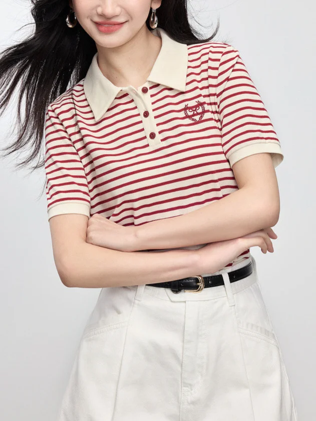 Athvotar Athvotar Striped Embroidery POLO Shirt 2025 Summer New Bing Color Reduction Women's Short-Sleeved T-Shirt