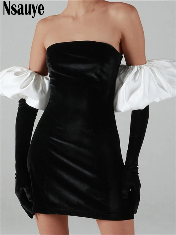 Nsauye 2021 Long Puff Sleeve Off Shoulder Autumn Winter Elegant Evening Party White Black Mini Dress Sexy Women Kawaii Dresses