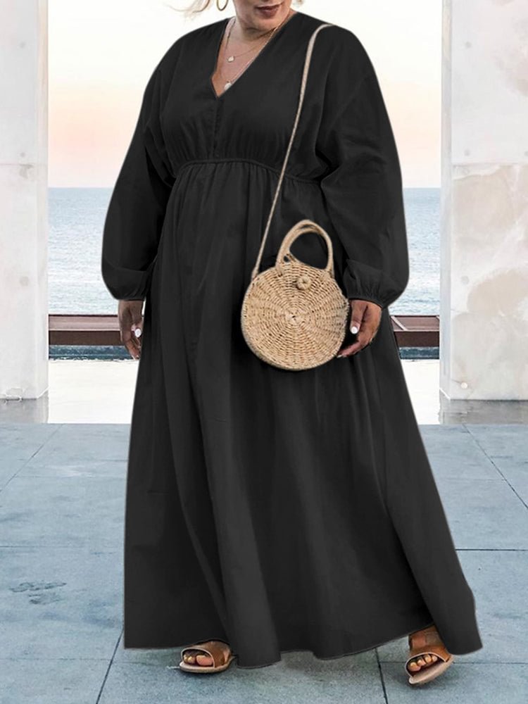 Large size solid color V-neck long sleeve women's dress SKUH93335 QueenFunky