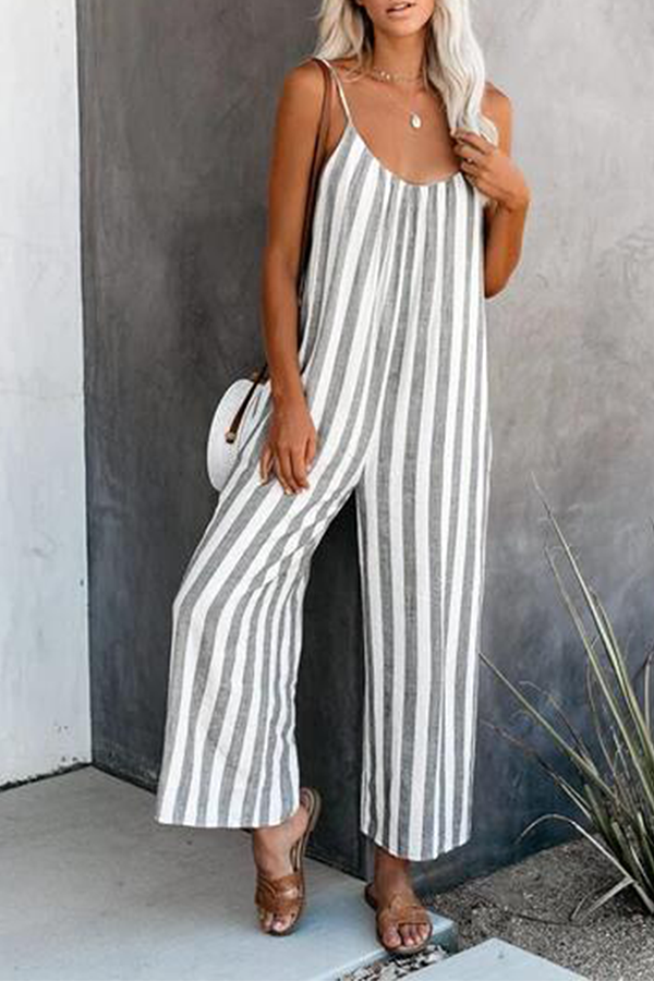 Casual Striped Split Joint Basic O Neck Jumpsuits