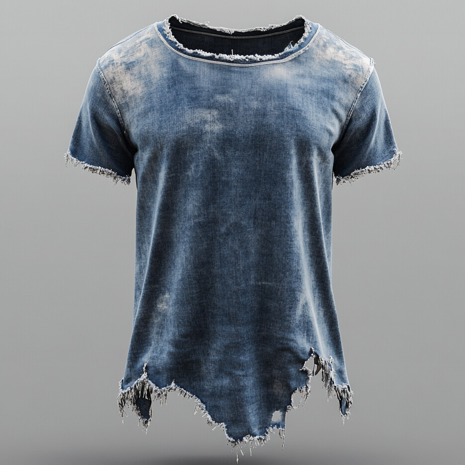 Men's Denim Crew Neck Short Sleeve Raw Edge Asymmetrical Hem T-Shirt
