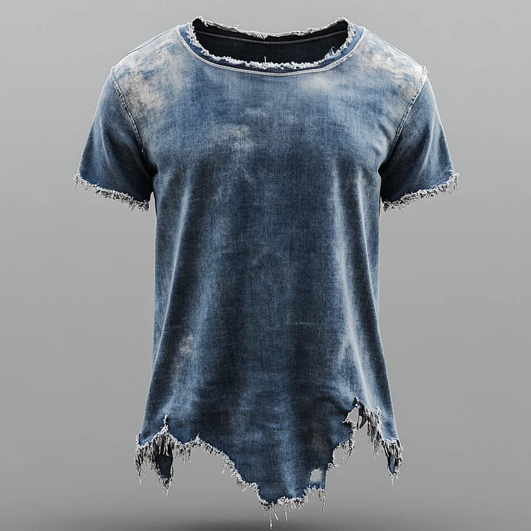 Men's Denim Crew Neck Short Sleeve Raw Edge Asymmetrical Hem T-Shirt