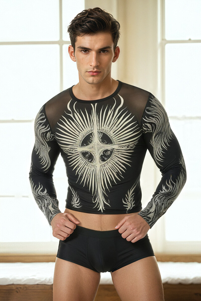 Ciciful Men's Gothic Graphic Print Mesh Black Tight Fit Top