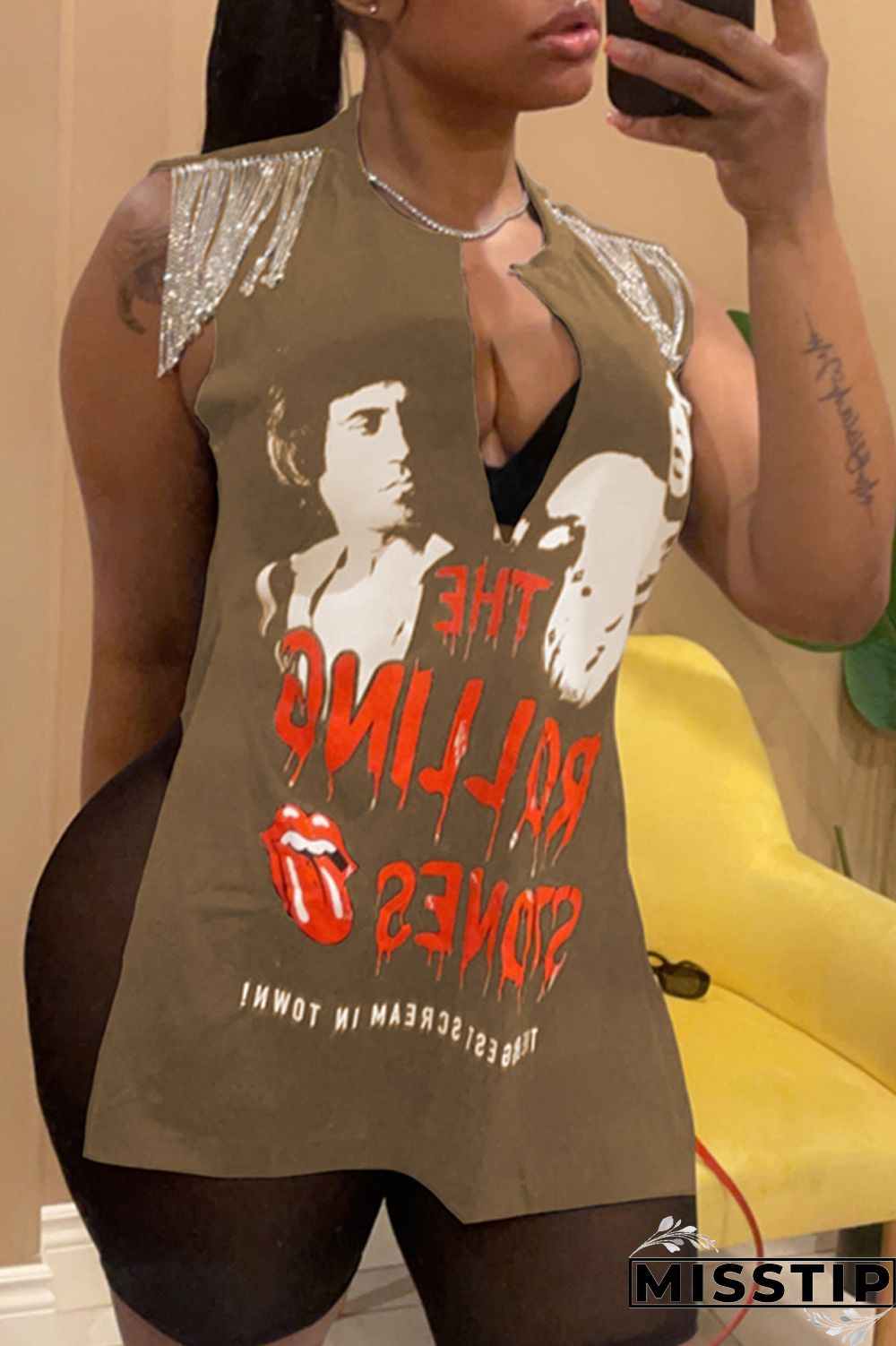 Brown Fashion Casual Print Tassel Patchwork V Neck T-Shirts