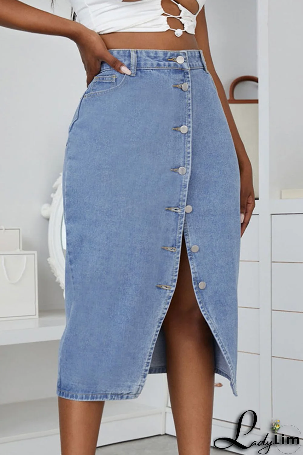 Blue Fashion Casual Solid Patchwork Buckle High Waist Straight Denim Skirts