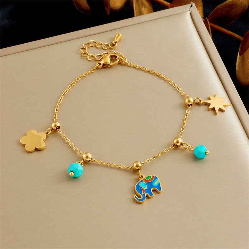 Fashionable And Versatile Bowknot Pearl Love Heart Oil Drop Contrast Color Elephant Accessories Stainless Steel Chain Bracelet3