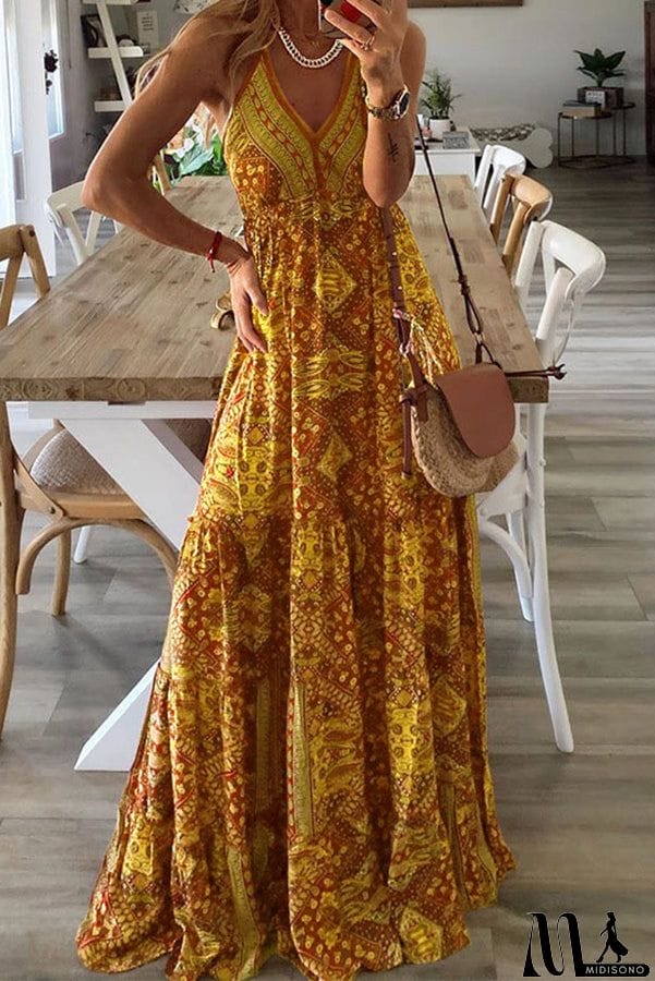 MidiSono - Celeste Boho Printed Strap Elastic Waist Maxi Dresses