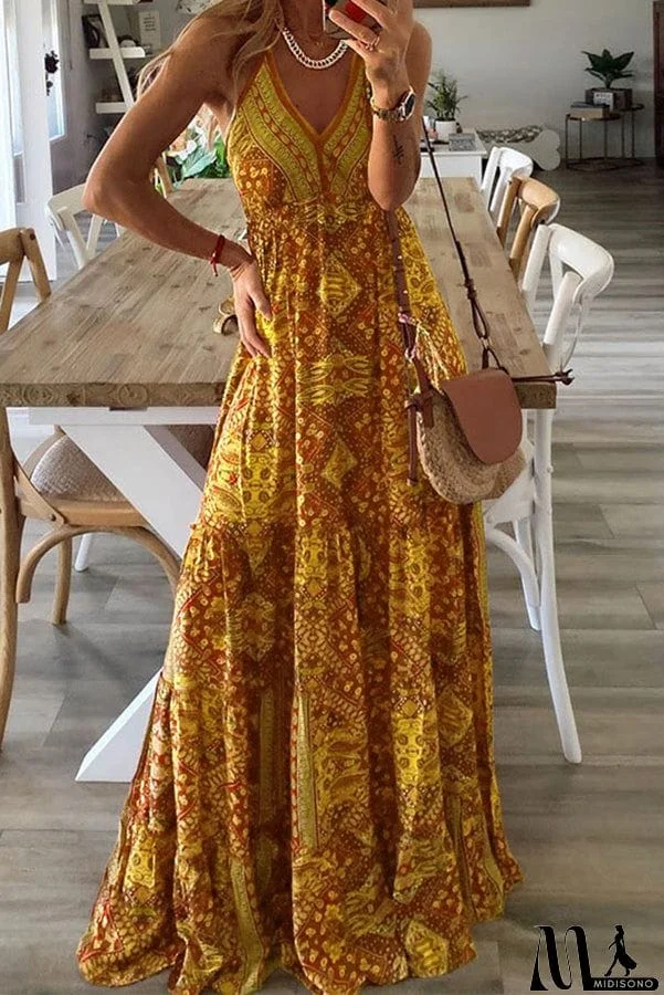 MidiSono - Celeste Boho Printed Strap Elastic Waist Maxi Dresses