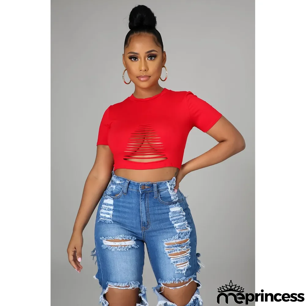 Solid Short Sleeve Hollow Out Cropped T Shirt