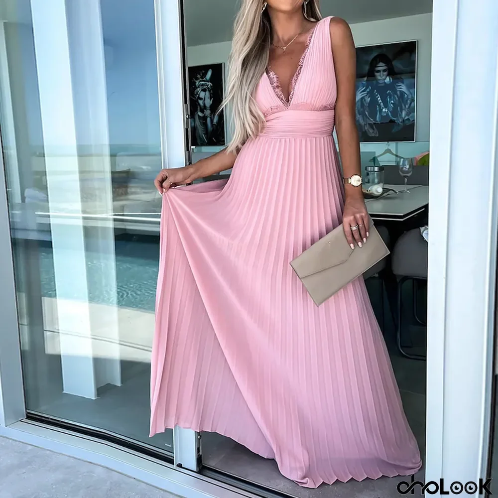 Fashion Party Solid Color Backless Lace Loose Sleeveless Wedding Guest Dress