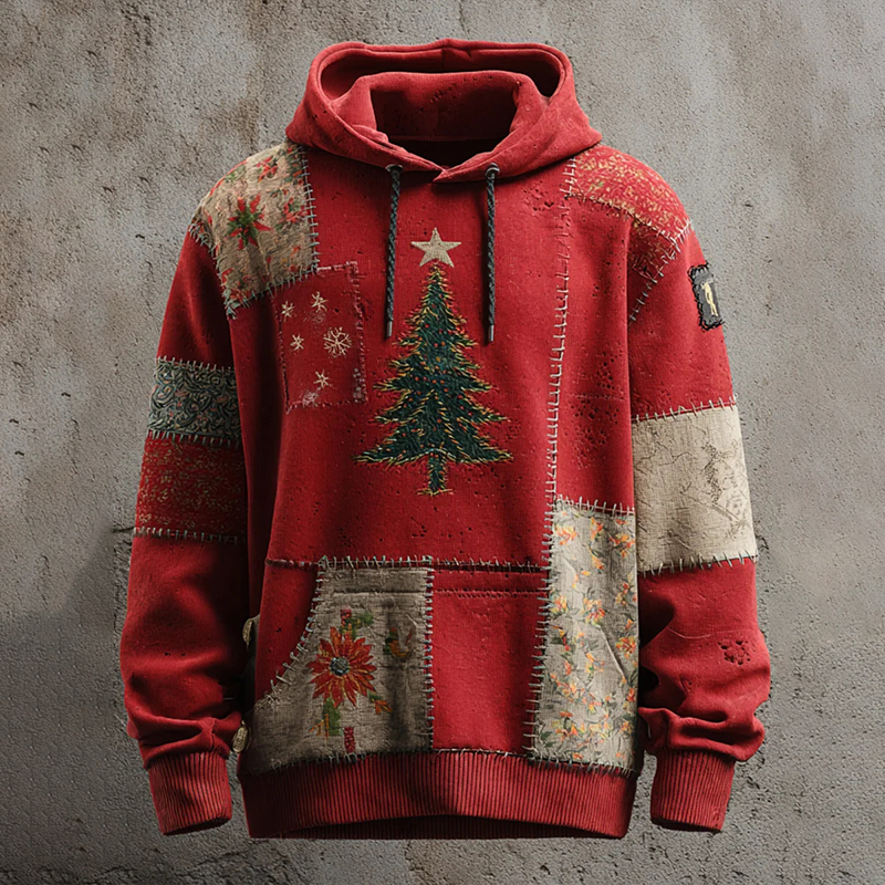 Men's Vintage Christmas Tree Patchwork Art Print Casual Hoodie wearshes