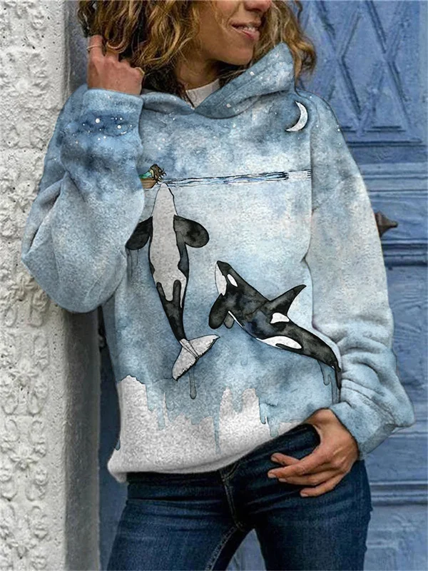Women's Watercolor Ocean Killer Whale Art Print Hooded Sweatshirt