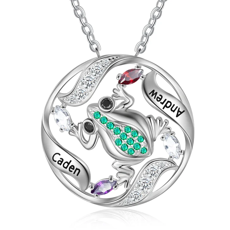 Personalized Frog Necklace with 2 Birthstones Engraved Names for Women