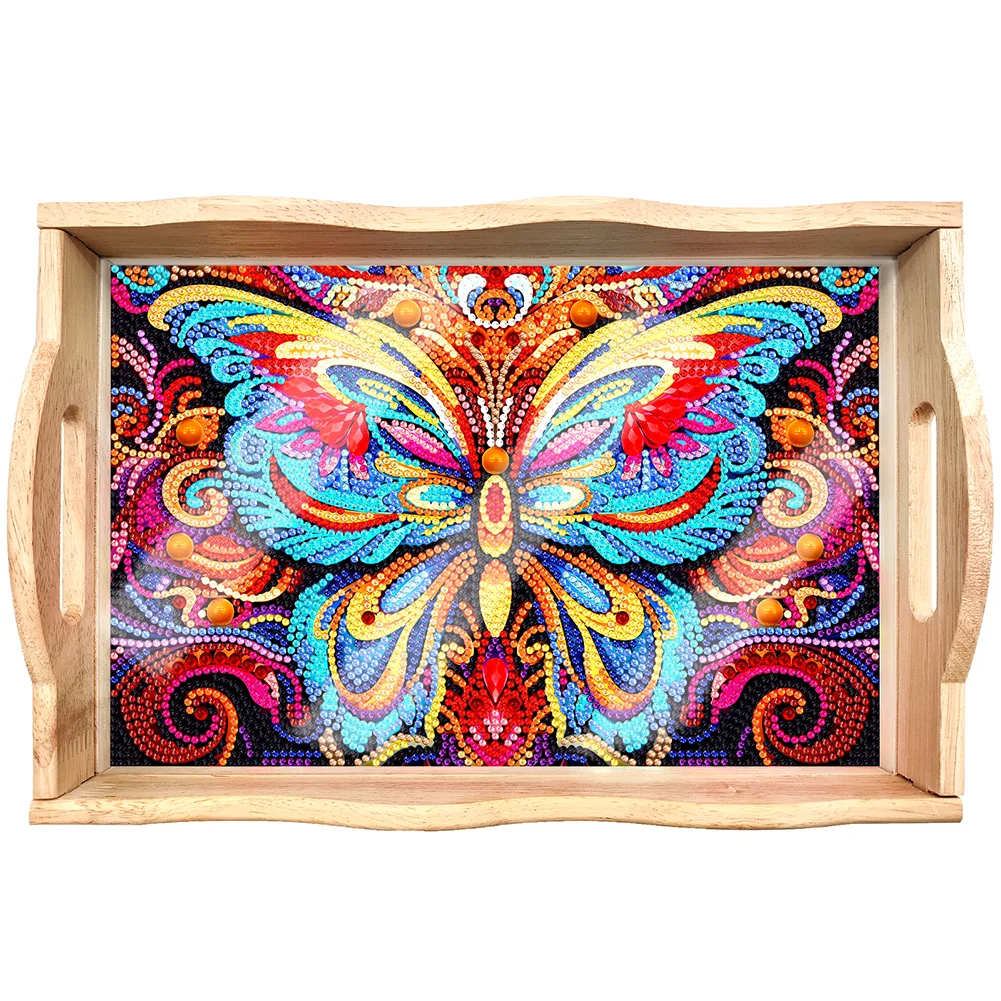 DIY Butterfly Diamond Painting Decorative Trays with Handle Coffee Table Tray for Serving Food