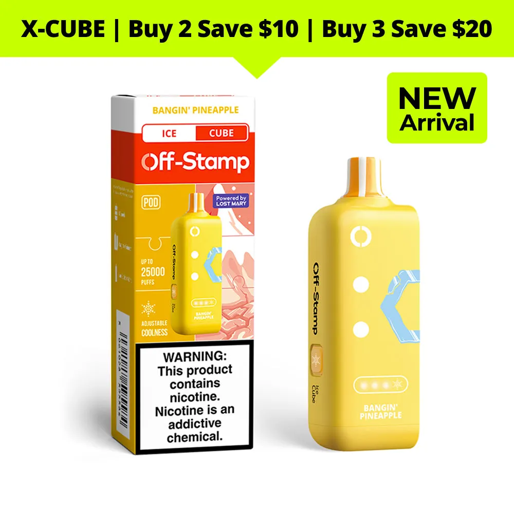 Off Stamp X-Cube Ice Cube disposable vape, Bangin' Pineapple flavor, up to 25,000 puffs.